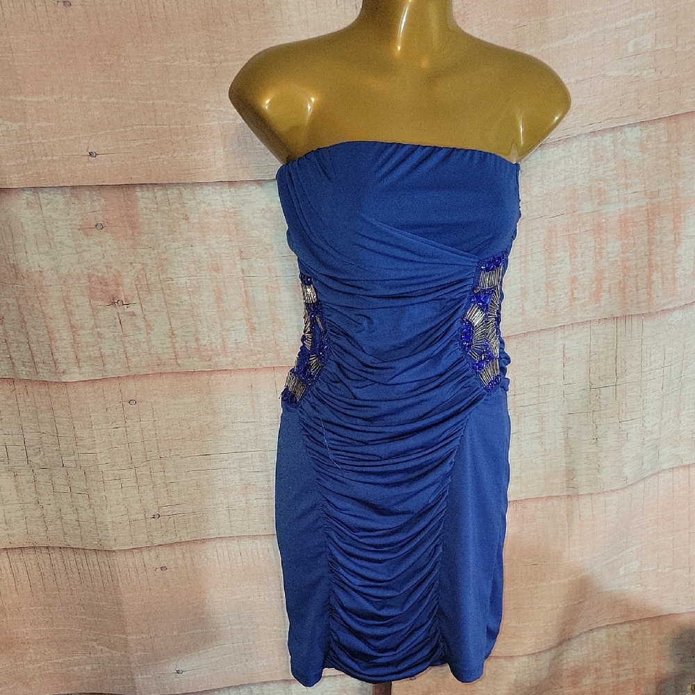 Dots Blue Strapless Evening Dress